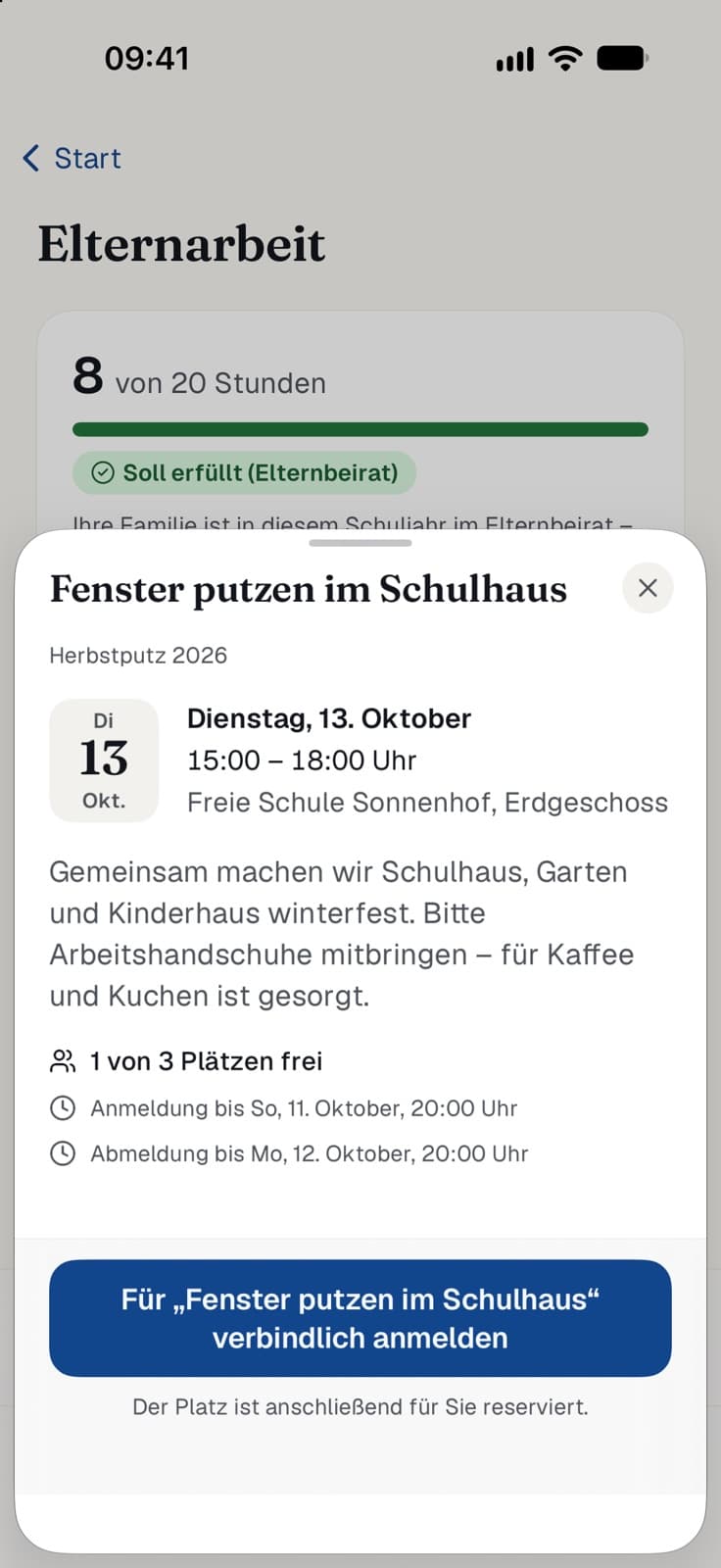 Einsatz „Fenster putzen im Schulhaus" mit freien Plätzen, Fristen und verbindlicher Anmeldung