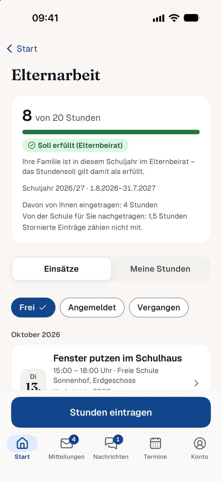 Elternarbeit in der Schulapp: 8 von 20 Stunden, Soll erfüllt, freie Einsätze und „Stunden eintragen"