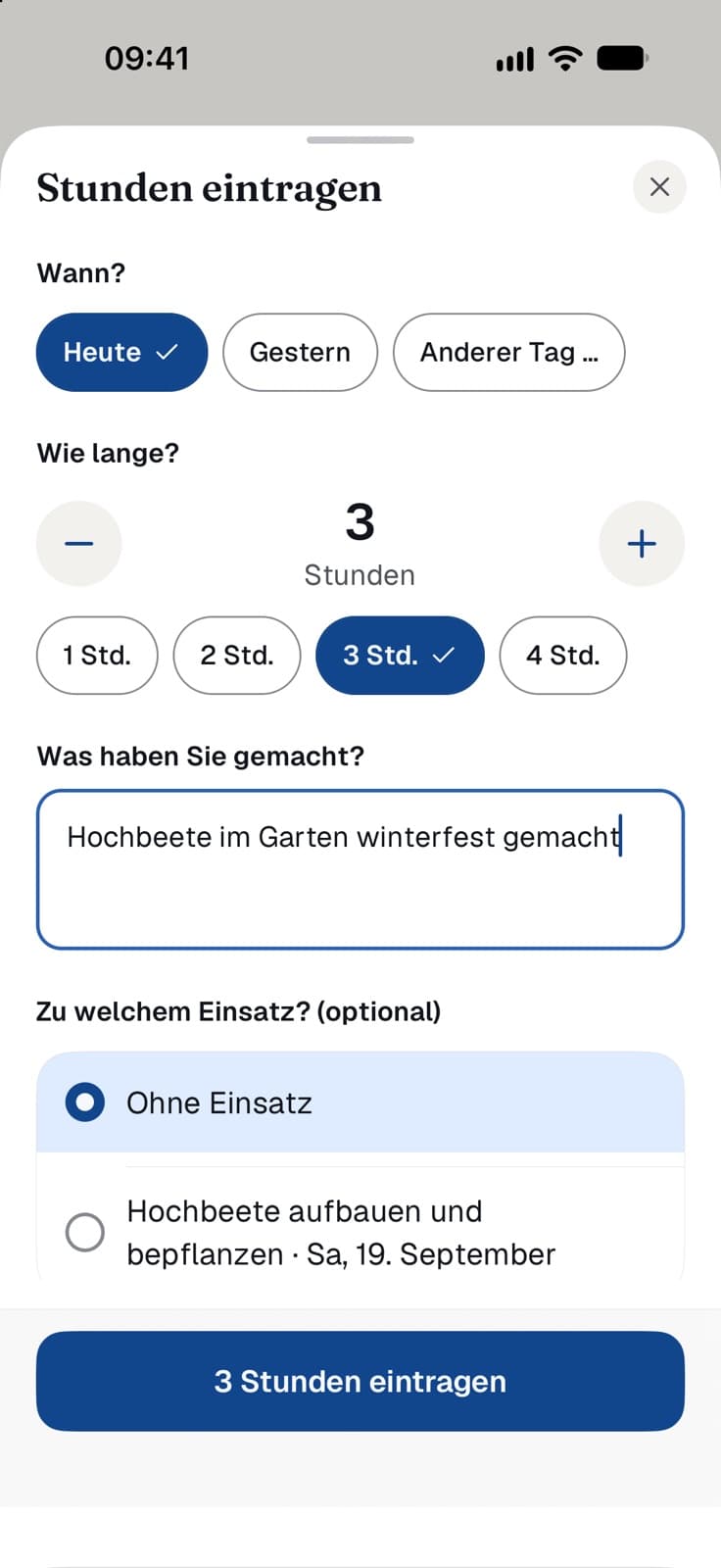 Stunden eintragen in der Schulapp: Tag, Dauer und Beschreibung der geleisteten Elternarbeit