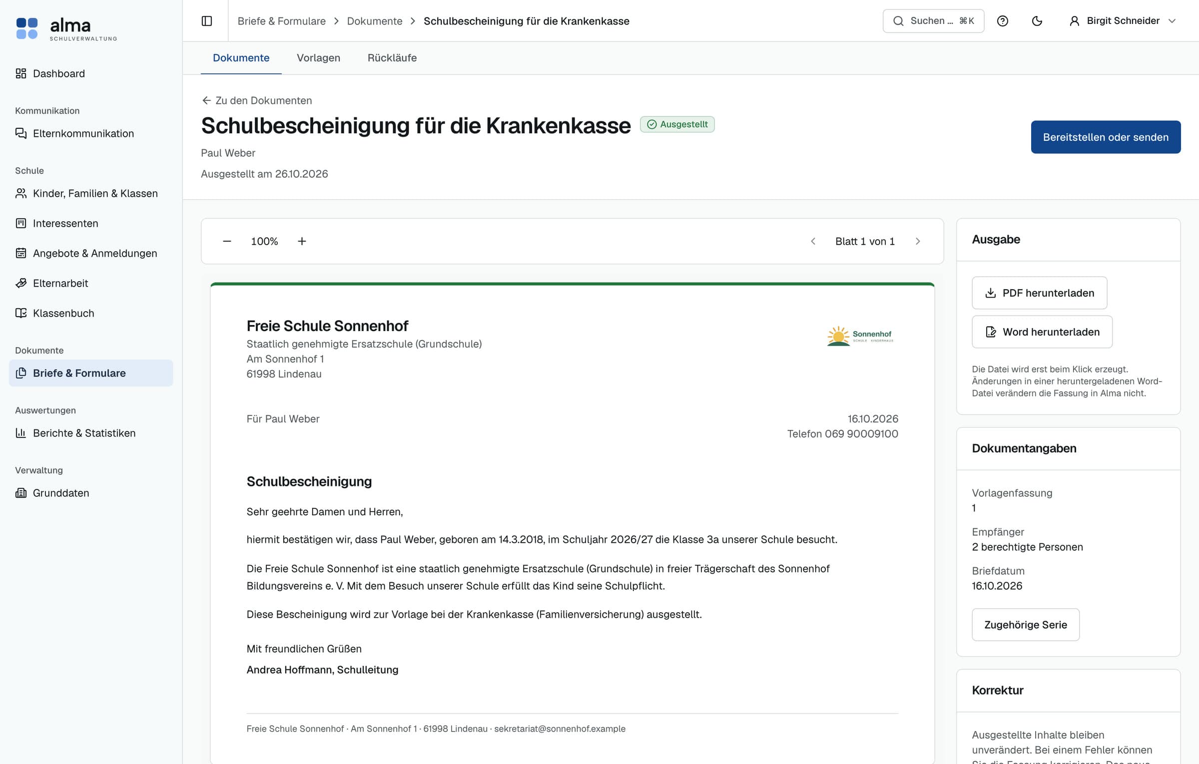 Schulbescheinigung auf dem Briefpapier der Schule in der Vorschau, mit PDF- und Word-Ausgabe