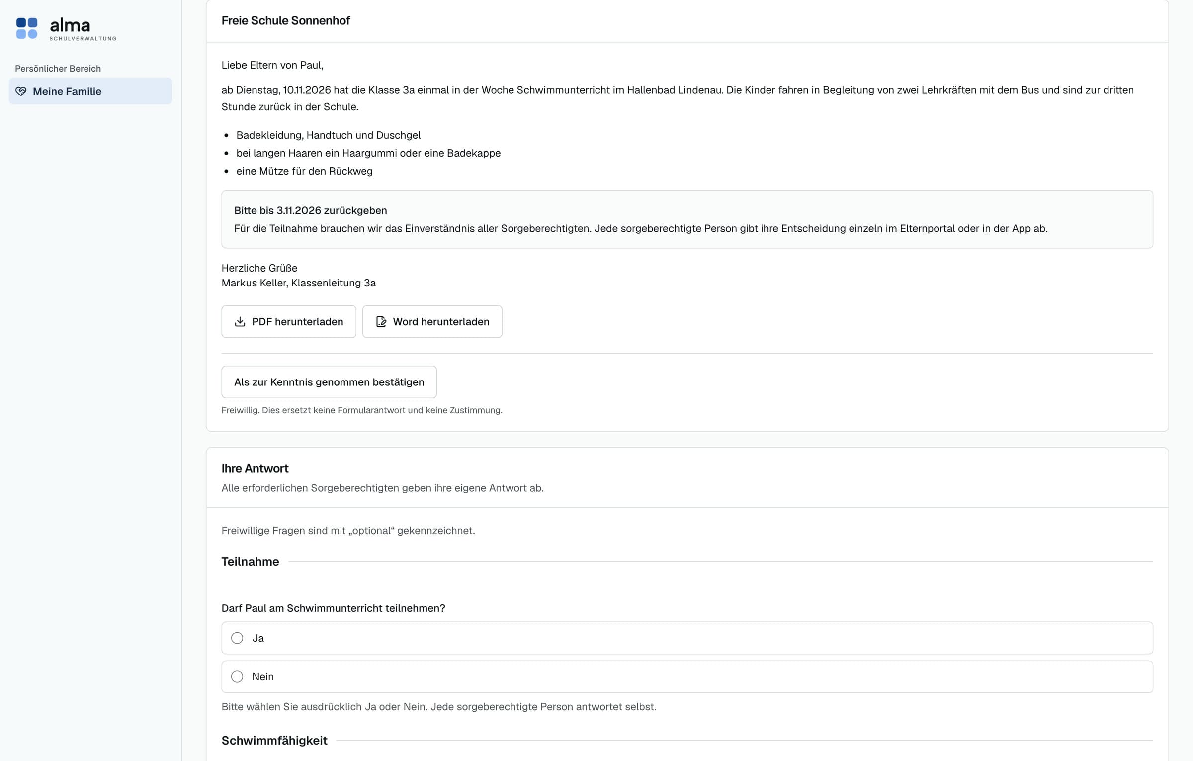 Formular im Elternportal: Einverständnis Schwimmunterricht mit eigener Antwort jeder sorgeberechtigten Person