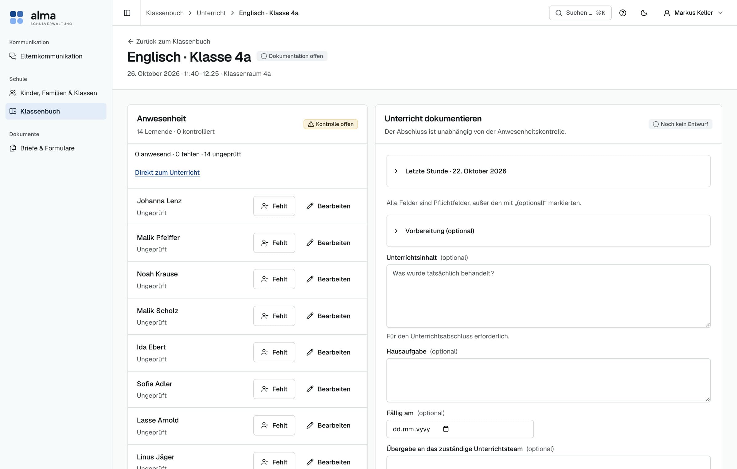 Unterrichtsstunde Englisch 4a: Anwesenheit je Kind kontrollieren und Unterricht mit Hausaufgabe dokumentieren