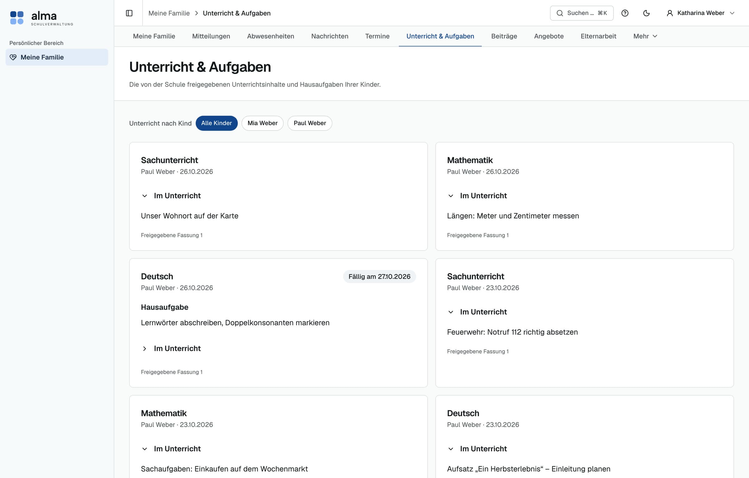 Unterricht & Aufgaben im Elternportal: freigegebene Unterrichtsinhalte und Hausaufgaben je Kind