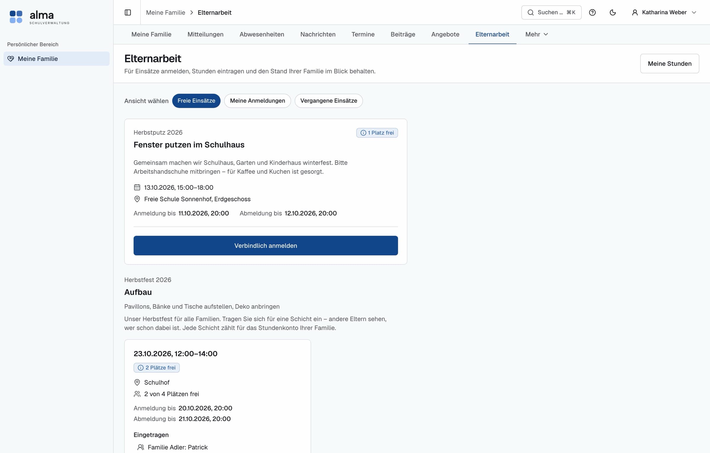 Freie Einsätze im Elternportal mit Datum, Ort, freien Plätzen und verbindlicher Anmeldung