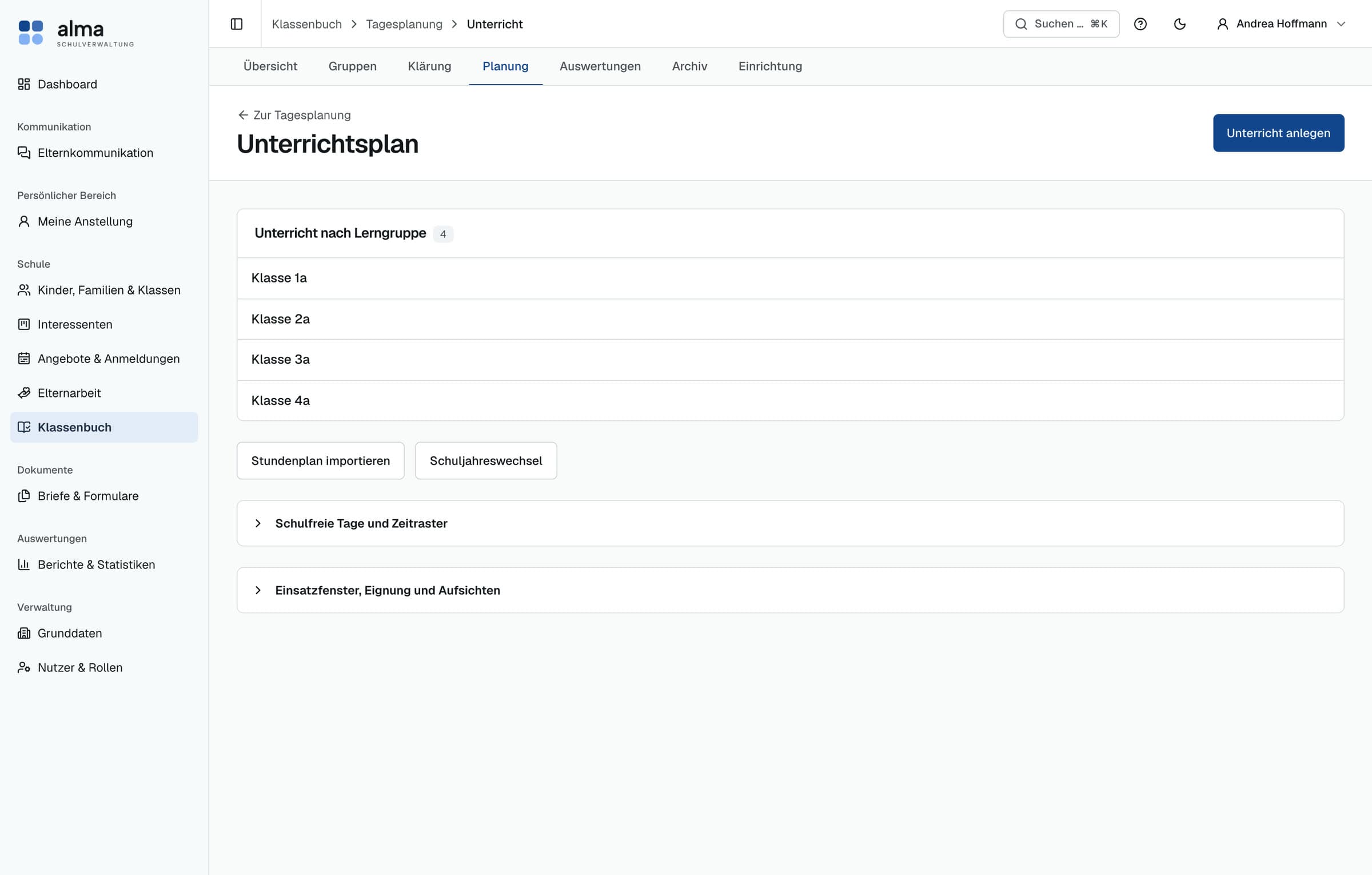 Unterrichtsplan je Lerngruppe mit Stundenplanimport, Schuljahreswechsel, Zeitraster und Einsatzfenstern