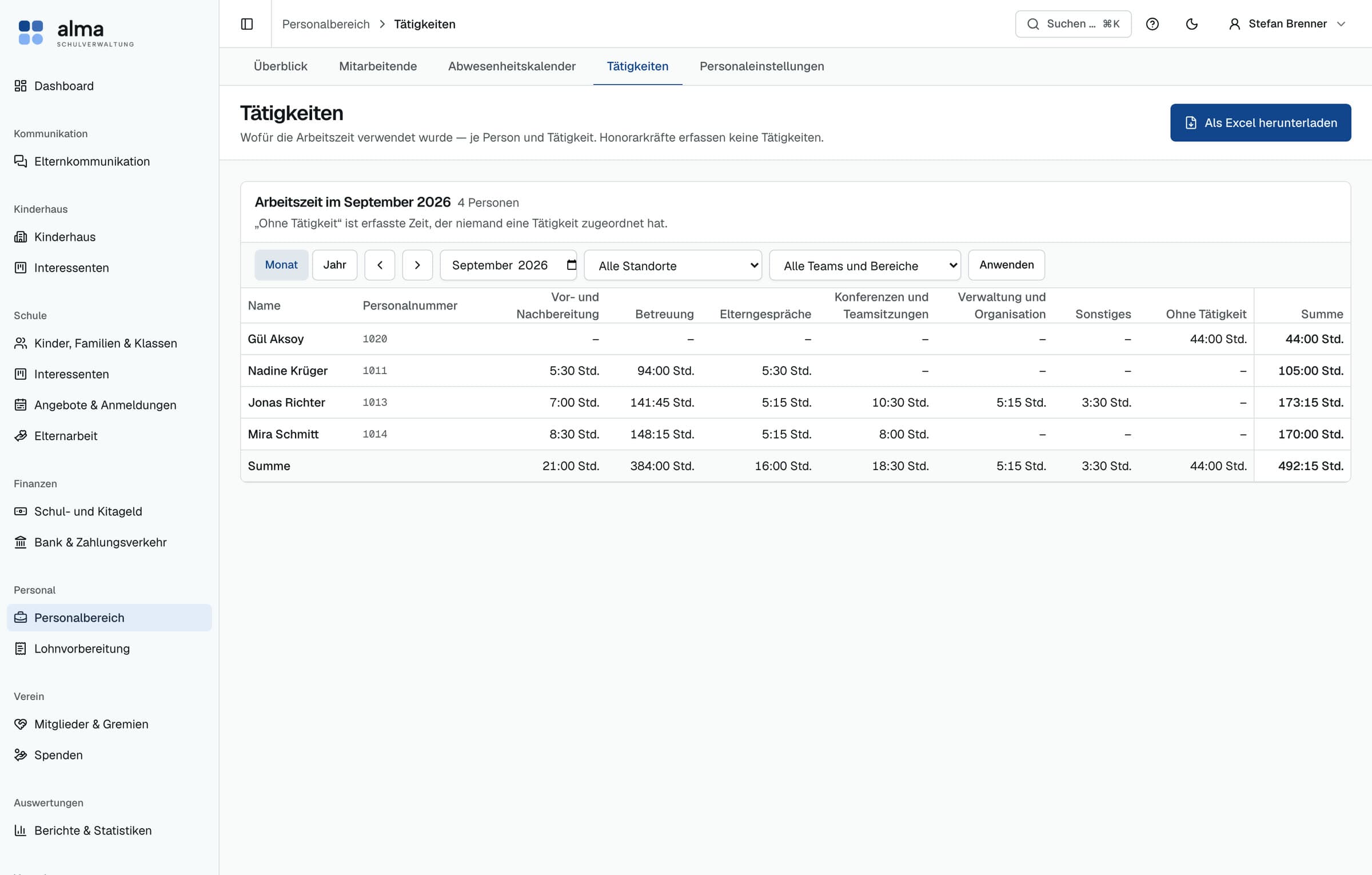 Arbeitszeit im September je Person und Tätigkeit, mit Excel-Export