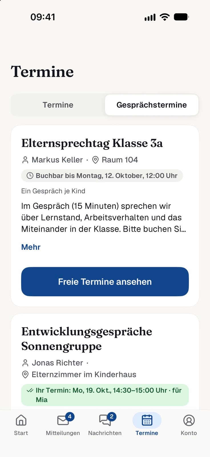 Gesprächstermine in der Schulapp: Elternsprechtag buchbar, Entwicklungsgespräch bereits gebucht