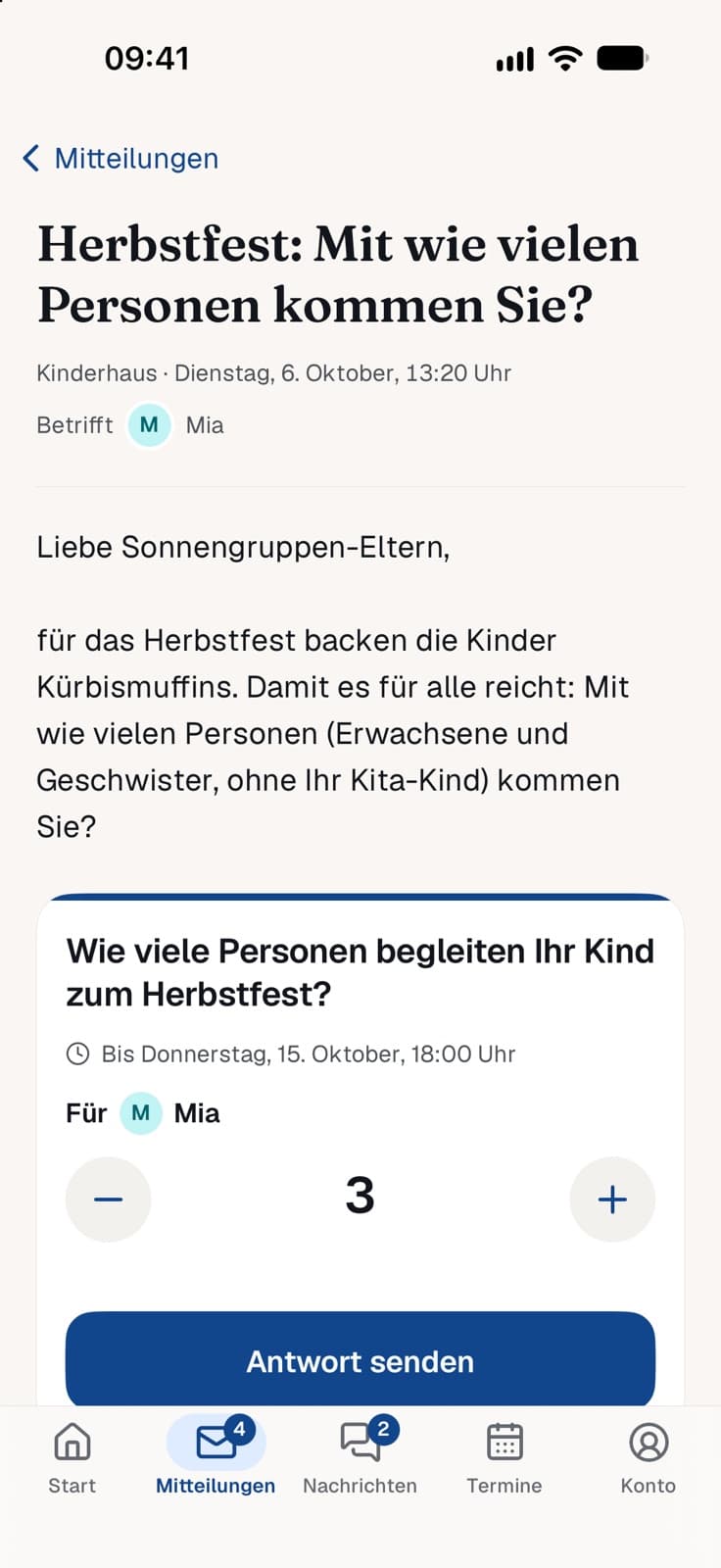 Mitteilung zum Herbstfest in der Schulapp mit Rückfrage „Wie viele Personen begleiten Ihr Kind?"