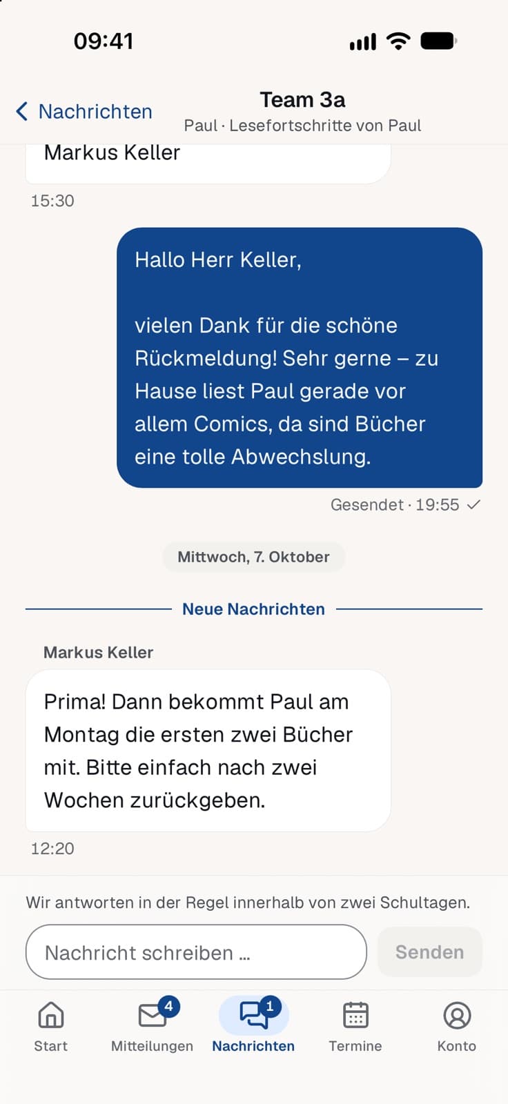 Nachrichtenverlauf mit der Klassenlehrkraft der 3a in der Schulapp
