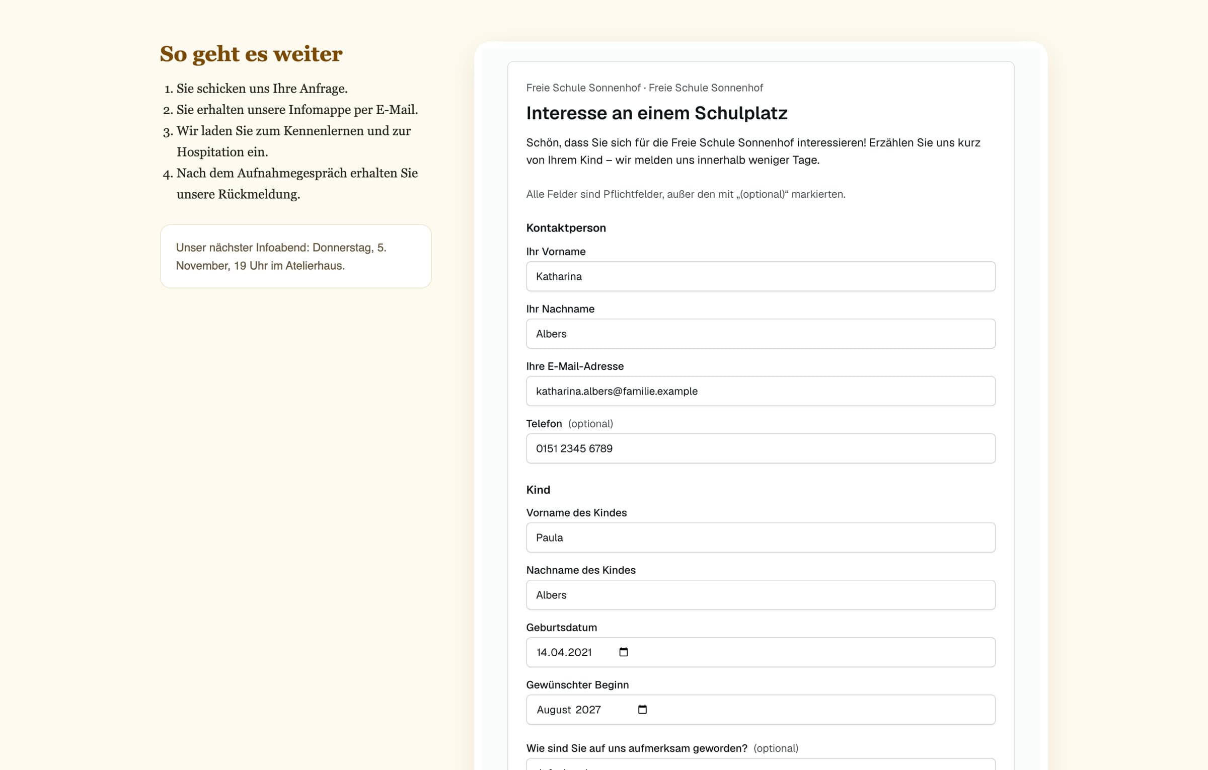 Anmeldeformular „Interesse an einem Schulplatz" eingebettet in die Webseite der Freien Schule Sonnenhof